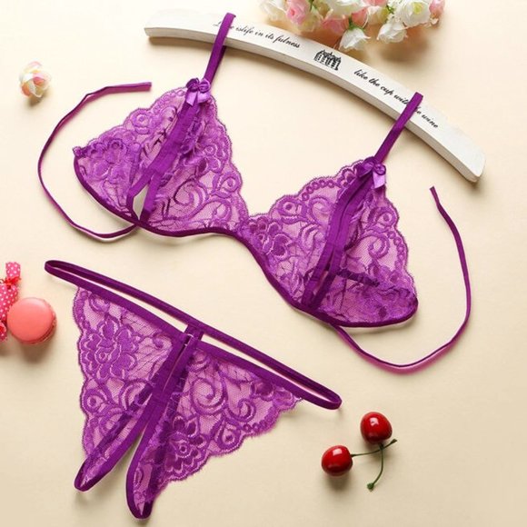 [NEW] Womens Sexy Three-point Lace Erotic Lingerie Open Crotch Panties Thong Bra - Picture 1 of 1